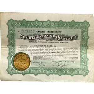 Antique‎ 1913 Burlington Watch Co. Certificate Guarantee Ephemera Collectible